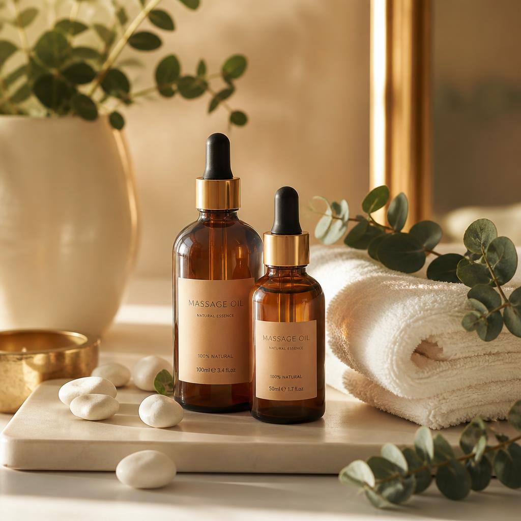 Amber massage oil bottles with white pebbles and eucalyptus