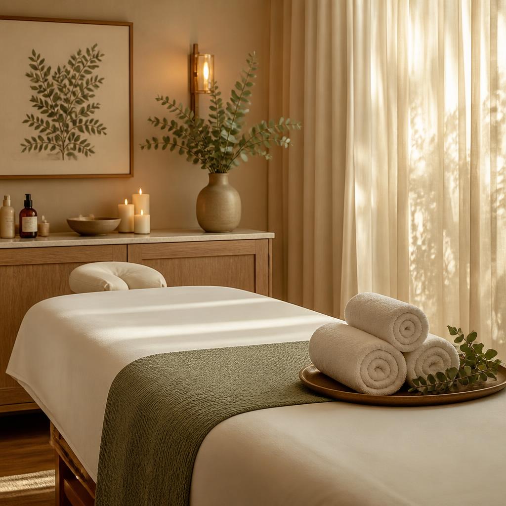 Peaceful massage treatment room with candles and sheer curtains