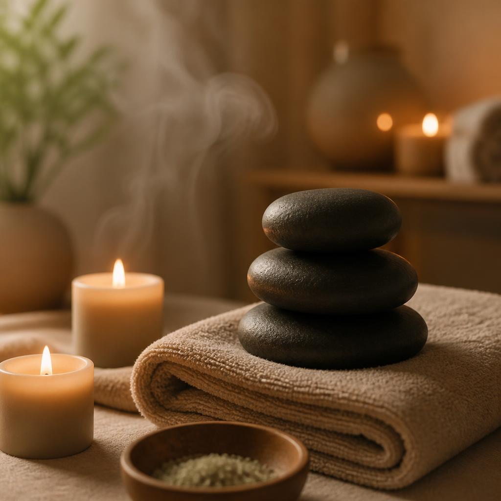 Smooth hot stones on a folded towel with warm candlelight
