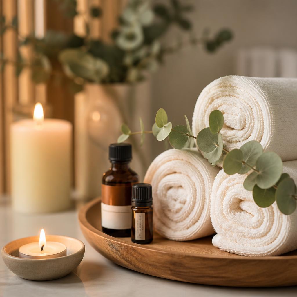 Soft rolled spa towels with essential oils and candlelight